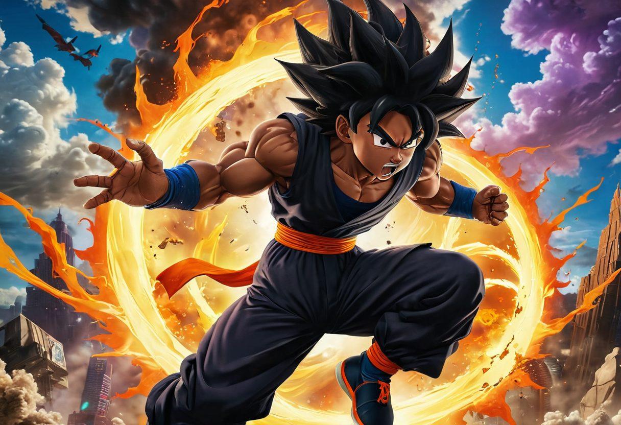 A dynamic scene featuring Black Goku in an action-packed pose, surrounded by vibrant energy blasts and swirling clouds of power. Include iconic elements of Dragon Ball Z such as the Dragon Balls and a stylized skyline. Add cheerful colors to evoke a sense of adventure and excitement in this anime world. super-realistic. vibrant colors. comic book style.