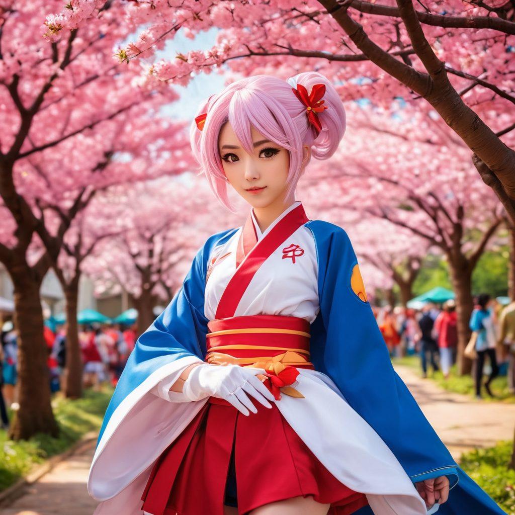 A vibrant scene featuring a lively anime convention, showcasing colorful cosplayers in elaborate costumes of various anime characters, with artful fan art displays in the background. The atmosphere is energetic, filled with laughter and camaraderie among fans. Include iconic anime visuals like sakura trees and chibi characters decorating the setting. super-realistic. vibrant colors. 3D.