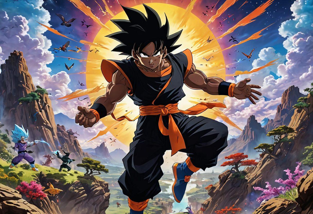 A dynamic scene featuring Black Goku soaring through a vibrant anime landscape filled with cheerful, colorful characters celebrating around him. Capture the essence of fun and adventure with joyful expressions, exaggerated poses, and playful interactions. Include iconic elements from DBZ, like energy blasts and iconic artifacts, all set against a bright sky and lush scenery that embodies the spirit of anime fandom. vibrant colors. anime style. energetic composition.